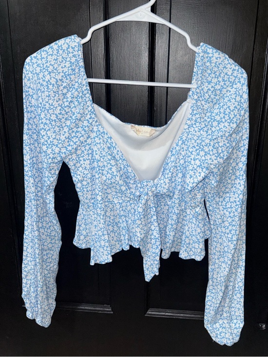 Altar'd State Tops - Altar'd State Light Blue Floral Tie-Front Peplum Top